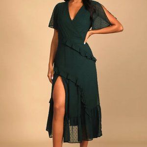 Lulus Next to You Emerald Green Swiss Dot Ruffled Midi Dress